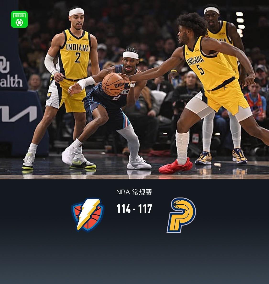 v体育-步行者客场117-114送雷霆赛季第9败，亚历山大空砍47分